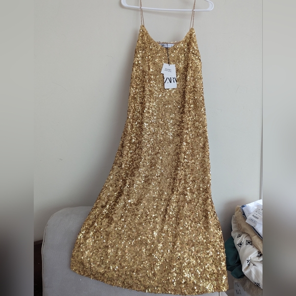 ZARA $119 LIMITED EDITION GOLD SEQUIN SLIP DRESS S,M,L NWT - Picture 10 of 11